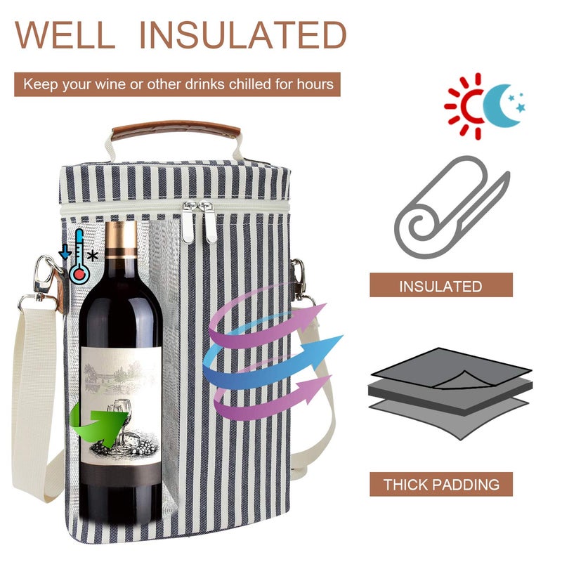 ZORMY 2 Bottle Wine Tote Carrier, Dark Blue, 750 mL Capacity, Polyester Material, With Shoulder Strap and Corkscrew - Image 2